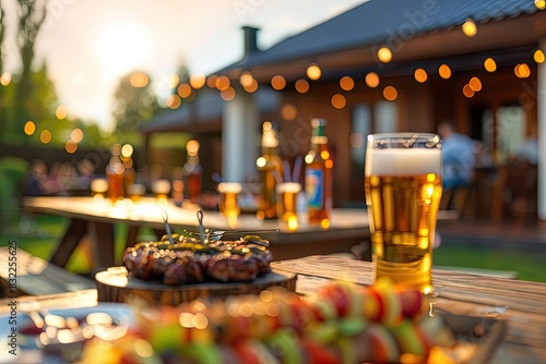 Outdoor evening gathering with beer, food, and string lights creating a warm, inviting atmosphere in a backyard setting. photo