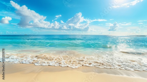 Clean sunny summer beach background. A horizontal banner with a summer ocean  sea  sun  clouds  waves.