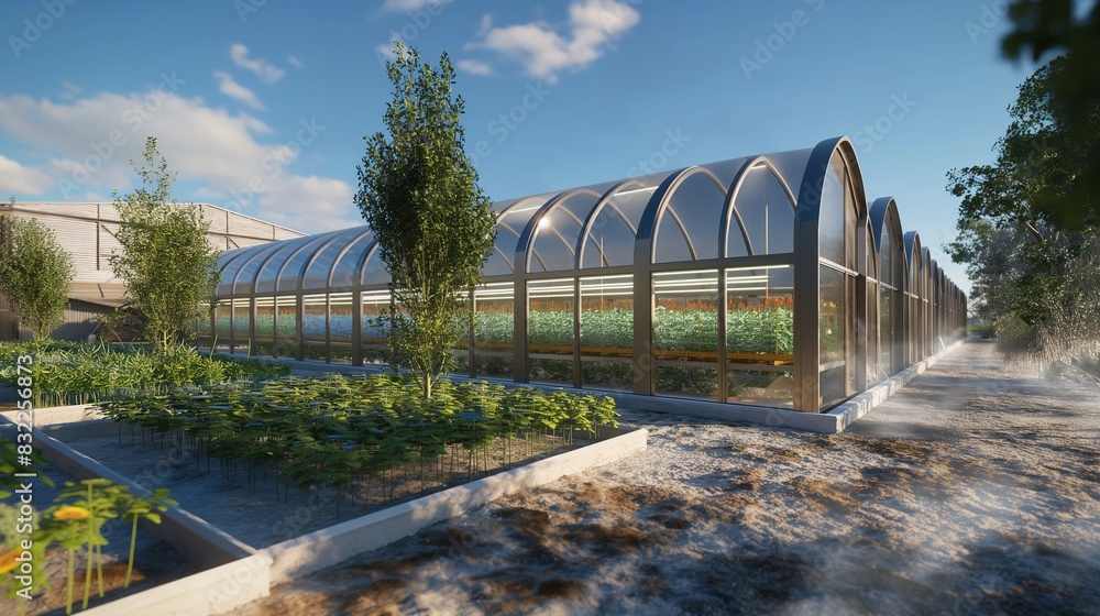 A conceptual image of a geothermal-powered greenhouse complex, where the geothermal heat is used to maintain optimal temperature for growing plants year-round in an otherwise cold climate. A conceptual image of a geothermal-powered greenhouse complex, where the geothermal heat is used to maintain optimal temperature for growing plants year-round in an otherwise cold climate.