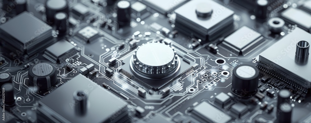 High-detail image of a circuit board showcasing electronic components and microchips, representing modern technology and engineering. High-detail image of a circuit board showcasing electronic components and microchips, representing modern technology and engineering.