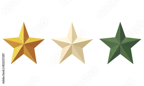 Vector icons of stars. Gold, pearls, green color. Vector illustration. 3d stars icons with shadow on isolated background. 