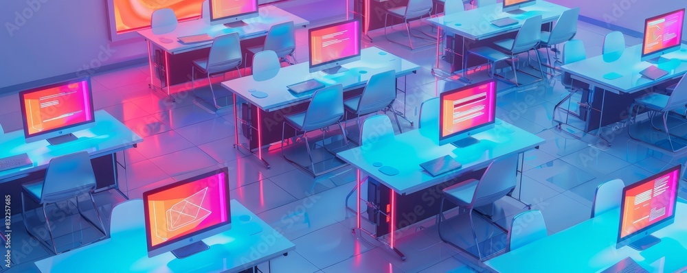 Modern computer lab with neon lighting, featuring multiple workstations equipped with desktop computers in a vibrant and futuristic setting.