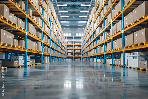 A spacious warehouse filled with neatly organized shelves of boxes, showcasing storage and logistics efficiency in a clean, industrial environment