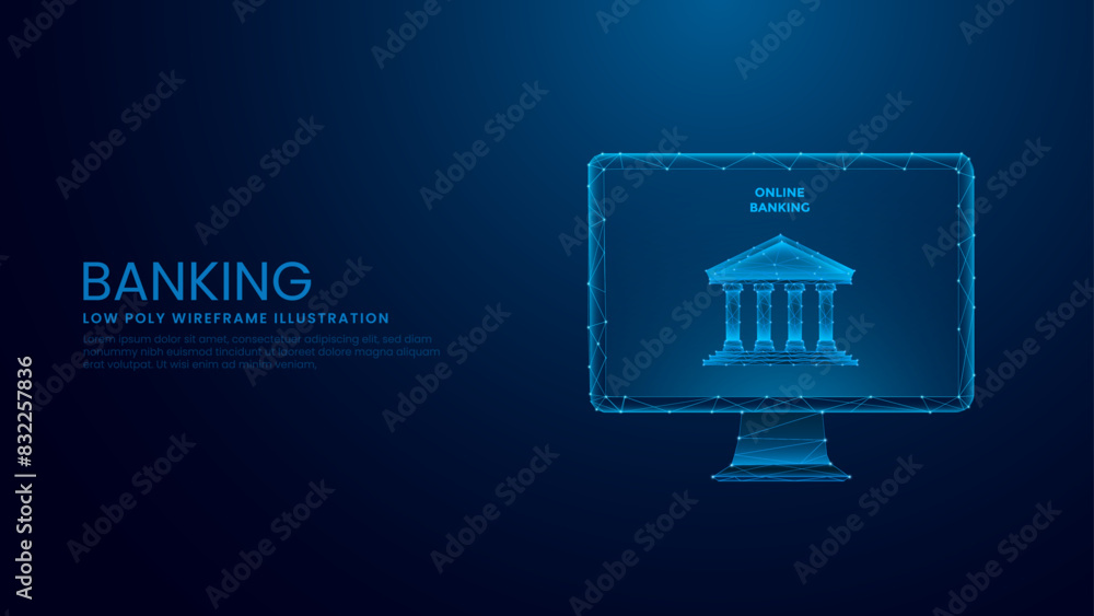 Online banking technology concept. Computer Banking Concept. Low Poly Wireframe Vector Illustration on Technological Blue Background. Online banking technology concept. Computer Banking Concept. Low Poly Wireframe Vector Illustration on Technological Blue Background.