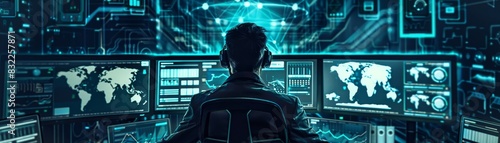 Person monitoring global cybersecurity threats in a high-tech control room with multiple screens displaying maps and data.
