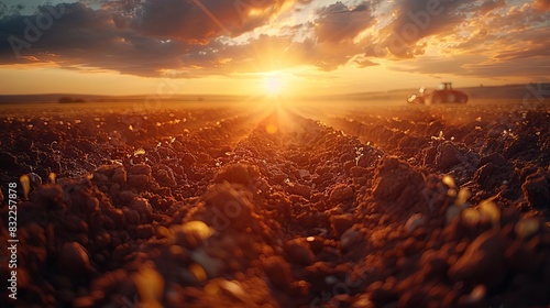 Capture the process of soil being aerated in a large field, focus on the machinery and churned earth, agricultural health theme, vibrant, Silhouette, during sunset photo