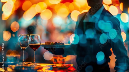 Silhouetted waiter serving drinks in a vibrant, colorful bokeh background, capturing the ambiance of a busy restaurant or bar setting.