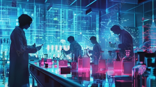 Silhouettes of scientists working in a futuristic, high-tech laboratory with digital data displays and colorful liquid samples.