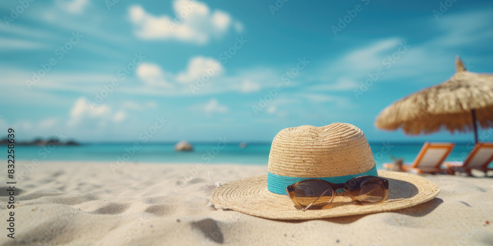 Banner on the theme of beach vacation. Hat, beach, sand, sea,sea star, ocean. Vacation concept. Banner. Copy space Banner on the theme of beach vacation. Hat, beach, sand, sea,sea star, ocean. Vacation concept. Banner. Copy space