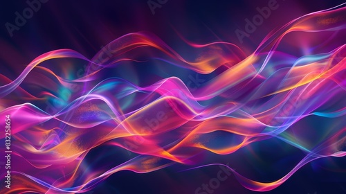 Vibrant abstract swirl of colorful light trails on a dark background, creating dynamic and fluid motion resembling neon waves. © Sodapeaw