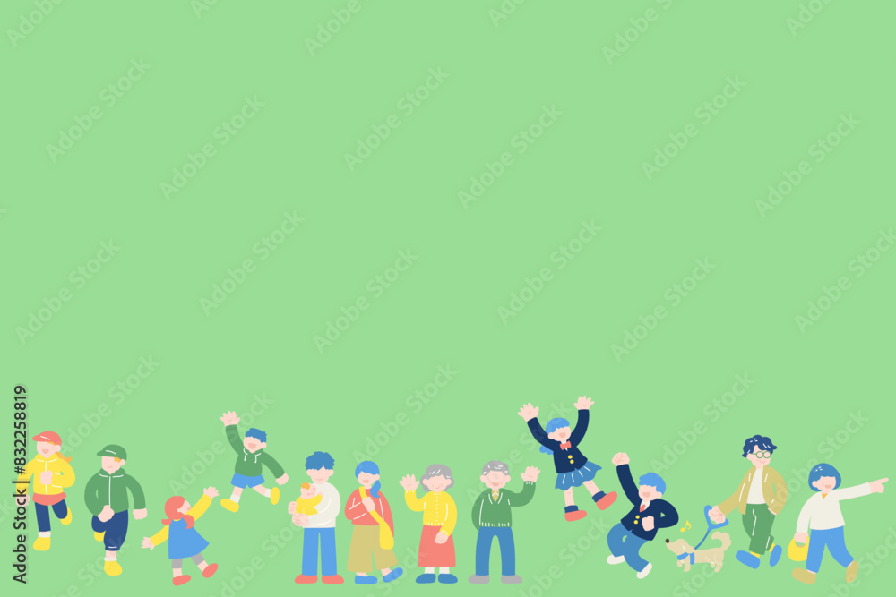 Naklejka premium 多世代の地域の人々が横に並んでいるイラスト【セット】