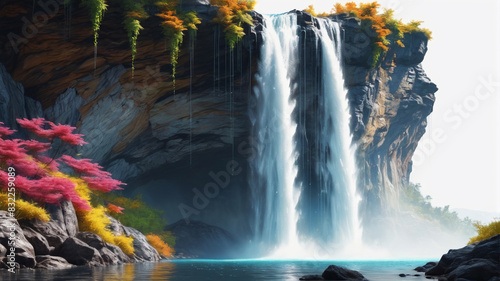 Radiant Waterfall: Brilliant Splash Illuminating the Isolated Scene, Generative AI
