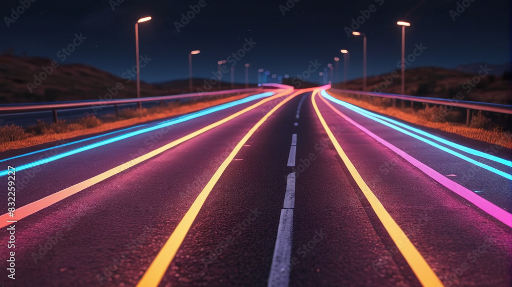Obraz premium Glowing Pathway: Vibrant Light Trails Create a Spectacle, Generative AI