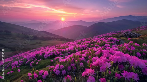 Picturesque summer sunset with rhododendron flowers in the mountains
