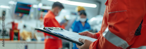 Focused image foregrounding an emergency services worker holding a clipboard, showcasing professionalism and preparedness