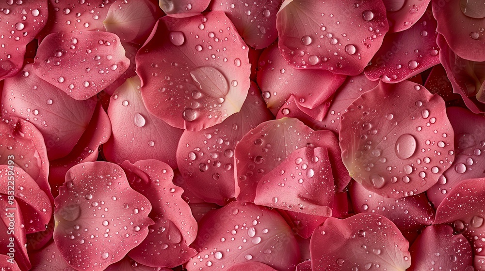Close-up of rose flower petals with water drops. top down view, flat lay, beauty in nature concept copy space for text banner background Close-up of rose flower petals with water drops. top down view, flat lay, beauty in nature concept copy space for text banner background