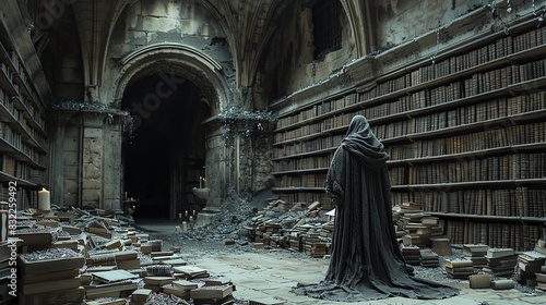 A hooded figure stands in a darkened, ruined library, surrounded by scattered books. photo