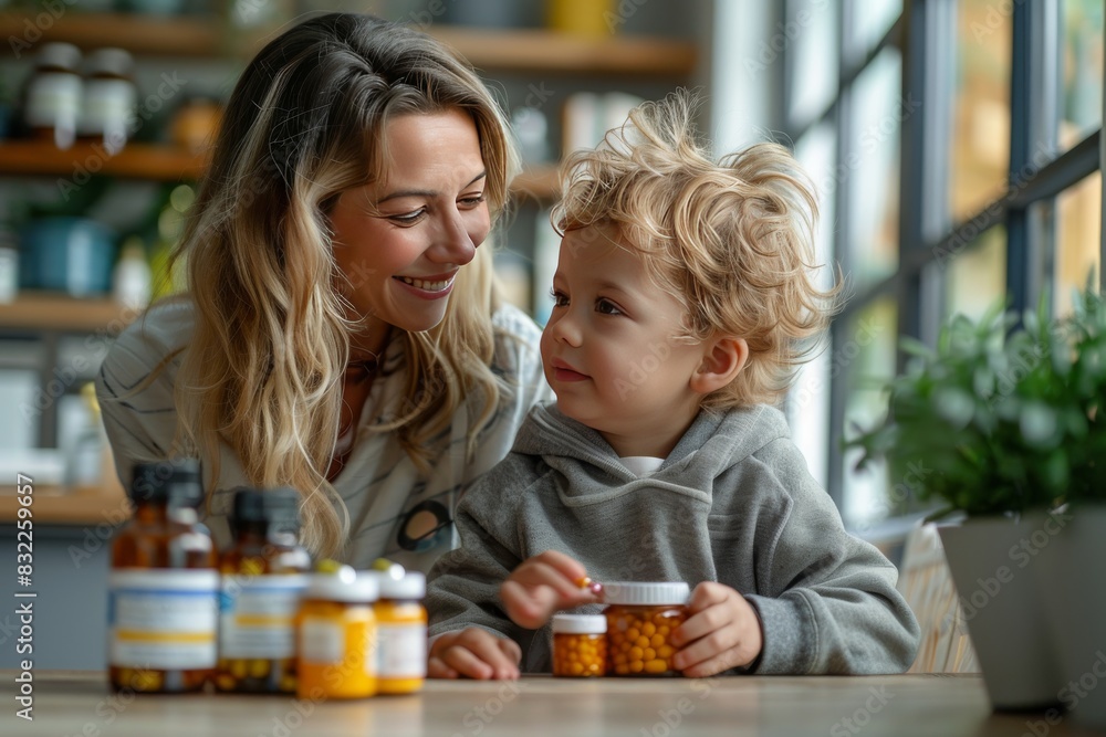 Woman mother with medicine and kid, treatment and care for child Woman mother with medicine and kid, treatment and care for child