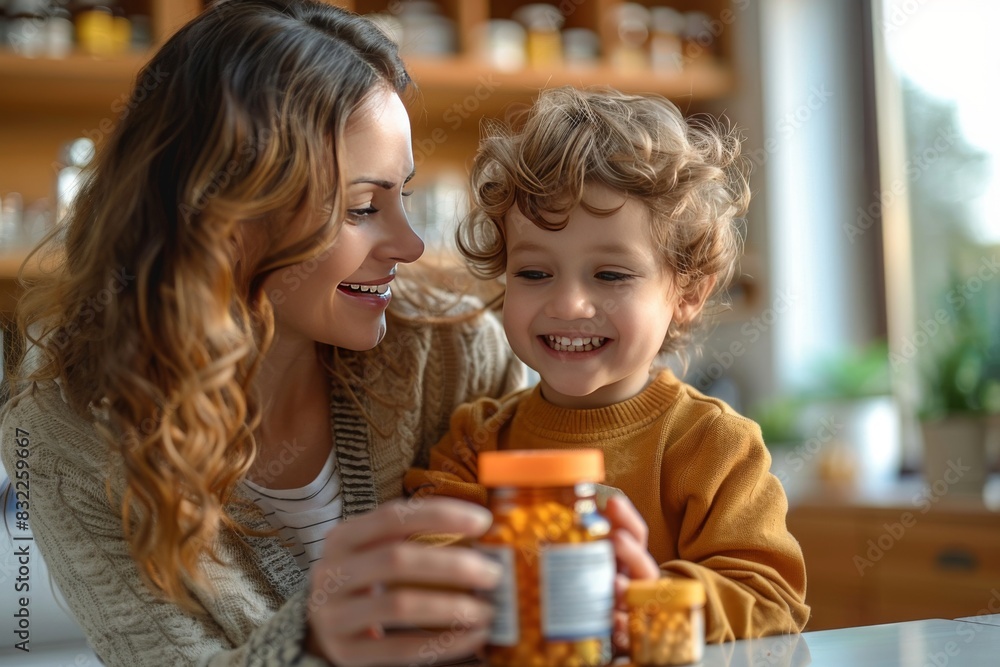 Happy young woman mother with medicine and kid, treatment and care for child Happy young woman mother with medicine and kid, treatment and care for child