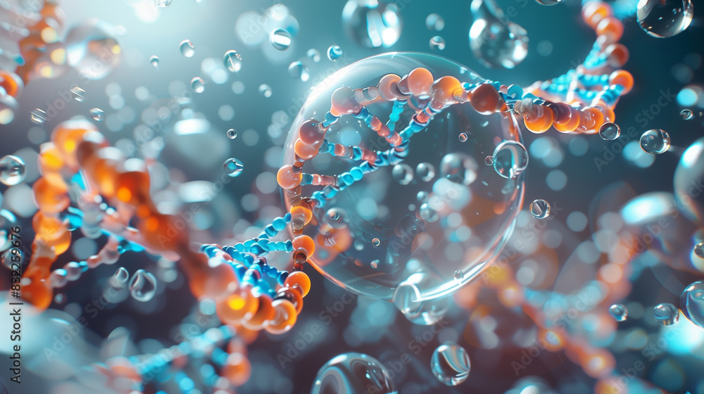 Abstract DNA strand with glowing light particles and molecular structure Abstract DNA strand with glowing light particles and molecular structure