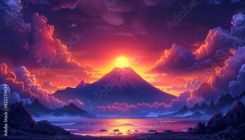Illustrate a sunset over a volcano with the caldera in silhouette photo