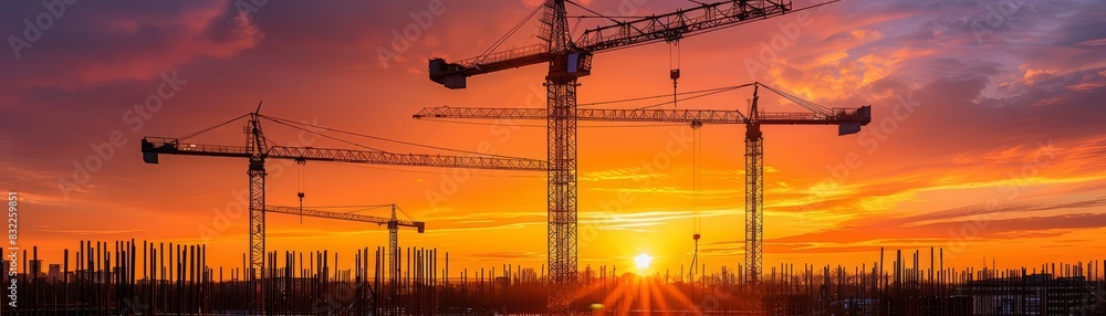 The silhouetted dance of cranes and iron rods at a construction site, highlighted by a stunning sunset, capturing the dynamic nature of urban development The silhouetted dance of cranes and iron rods at a construction site, highlighted by a stunning sunset, capturing the dynamic nature of urban development