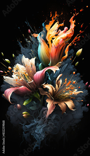 Abstract lily or alstromeria flowers bouquet on a black background. Bright color burst. Mobile splash screen template. Floral artistic illustration. photo