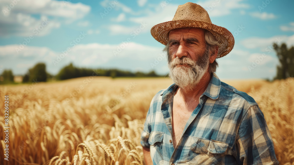 Portrait of a farmer standing in a golden wheat field on a sunny day Portrait of a farmer standing in a golden wheat field on a sunny day