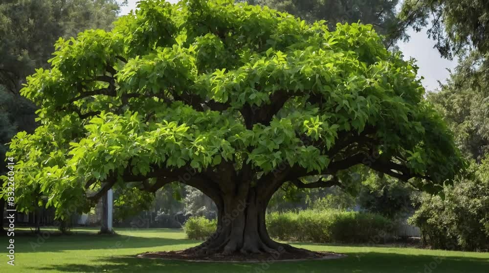 A tree with a large trunk and shady branches, green leaves A tree with a large trunk and shady branches, green leaves