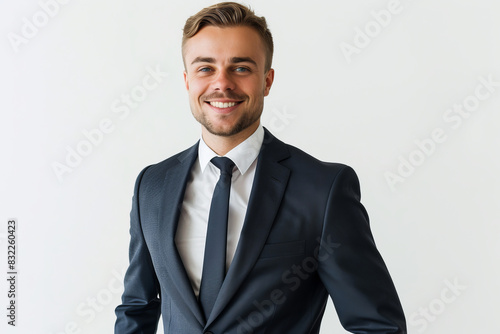 Confident young businessman in formal suit smiling at camera