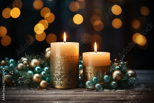 Christmas candles and fir branches on wooden table  closeup.