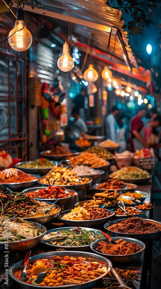 Vibrant street food market at night, with colorful food stalls, diverse cuisines, and a lively crowd enjoying delicious dishes