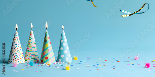 a blue background with scattered party decorations including hats, blowouts, and confetti