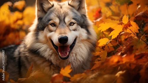 Portrait of happy wolf rejoices in autumn. photo