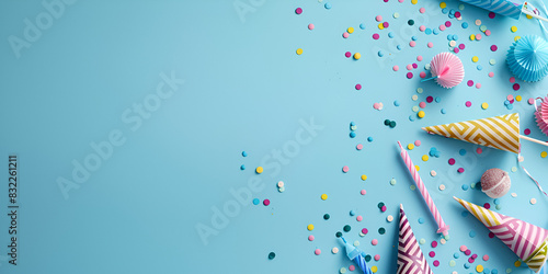 a blue background with scattered party decorations including hats  blowouts  and confetti