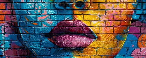 Vibrant urban street art mural on a brick wall, featuring colorful graffiti and bold designs, capturing the essence of city creativity