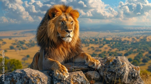 Wildlife safari adventure featuring a majestic lion resting on a rocky outcrop  with a panoramic view of the African plains