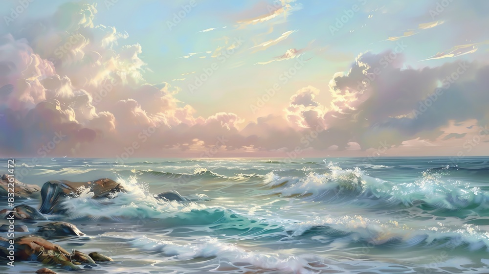 Obraz premium Refined seascape with gentle waves lapping against rocks under a pastelcolored cloudy sky, in the style of Sargent, serene theme, calming, Blend mode, tranquil ocean backdrop
