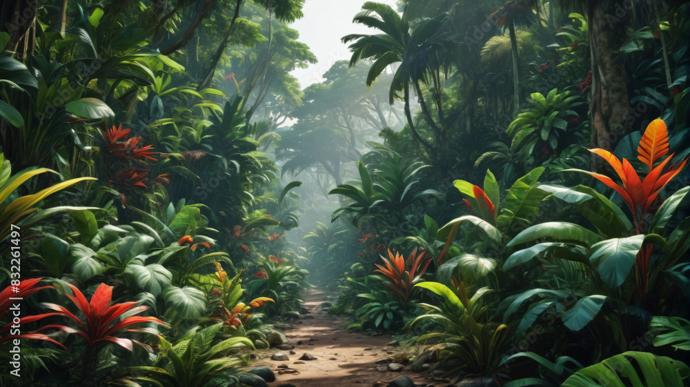 Fototapeta premium Tropical Eden: Embracing the Rich Biodiversity of the Dense Rainforest, Generative AI