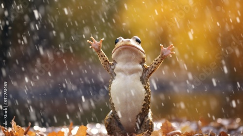 Happy frog rejoices in first snow. photo