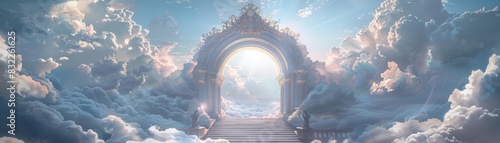 Heavenly stairs rising to an ornate arch, piercing through clouds into a realm of light and purity, reflecting a poetic vision of the afterlife photo