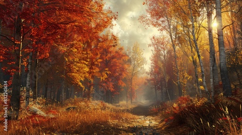 Woodland trails wind through forests ablaze with autumnal hues, inviting explorers to immerse themselves in nature's beauty. photo