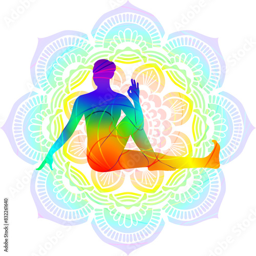 Colorful silhouette of woman practicing Vakrasana yoga pose. Seated Spinal Twist pose. Intermediate Difficulty. Isolated vector illustration photo