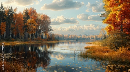 The serene atmosphere of an autumn landscape evokes a sense of tranquility and peace, perfect for moments of reflection.