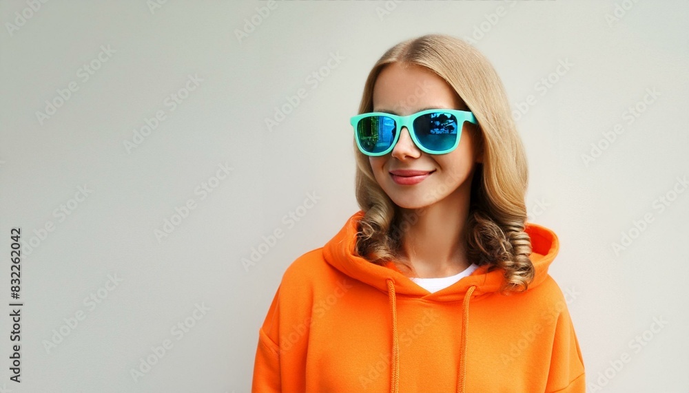Young confident blonde girl wearing trendy orange hoodie, colored sunglasses standing on white background Young confident blonde girl wearing trendy orange hoodie, colored sunglasses standing on white background