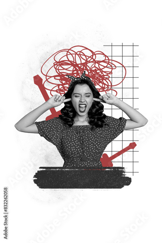 Picture collage artwork of crazy mad furious angry woman cover loud noise isolated on painted background