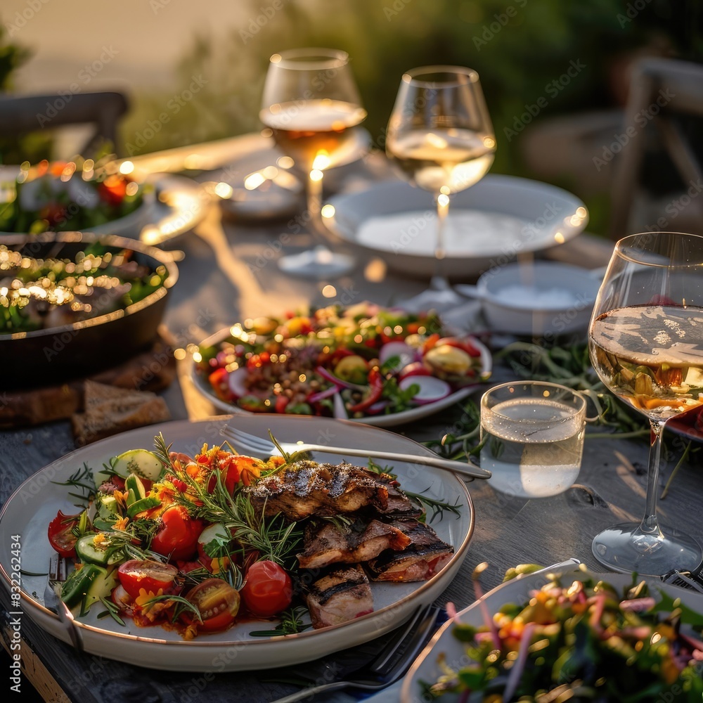 A beautifully arranged outdoor dinner table with diverse dishes, fresh salads, grilled vegetables, and glasses of wine set for an evening meal.