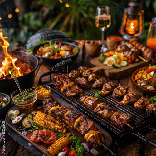 Delicious grilled meat and vegetables on a barbecue table with drinks, perfect for summer outdoor dining or festive gatherings.