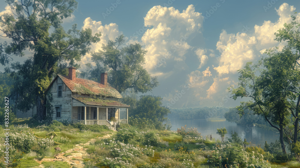 Rustic countryside house by a serene lake with lush greenery Rustic countryside house by a serene lake with lush greenery