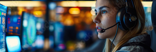 A person is seen with headphones and a blurred face  likely engaged in focused work or gaming with monitors in the background